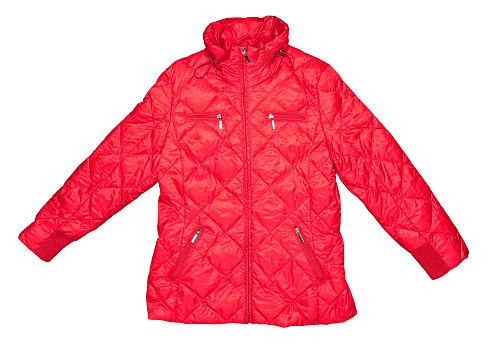 Brightly red down women's jacket for skiing, isolated on a white background.