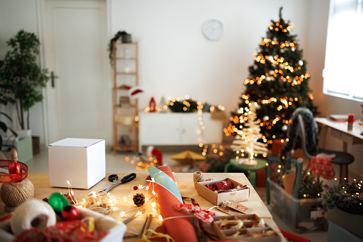 Christmas decoration on a wooden table in a cozy modern apartment with no people