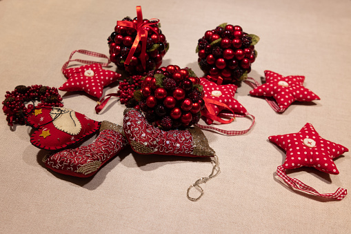 christmas trees and christmas decorations on white background