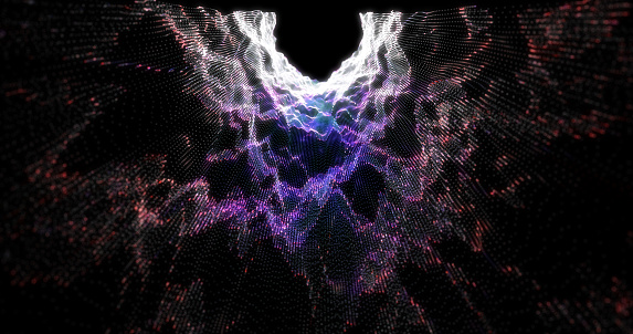 Dark glowing purple bright shiny tunnel energetic pulsing of particles and lines background abstract.