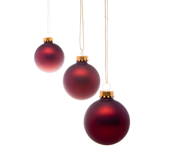 istock Pastel Red Christmas Balls Hanging Isolated White Background 144725205