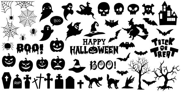 ilustraciones, imágenes clip art, dibujos animados e iconos de stock de gran conjunto vectorial de silueta de elementos de halloween. - clip art