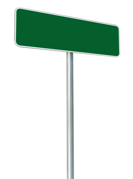 istock Blank Empty Green Road Sign, Isolated Copy Space Background, White Framed Roadside Signboard Perspective, Large Detailed Vertical Closeup, Grey Pole Post 1447253478