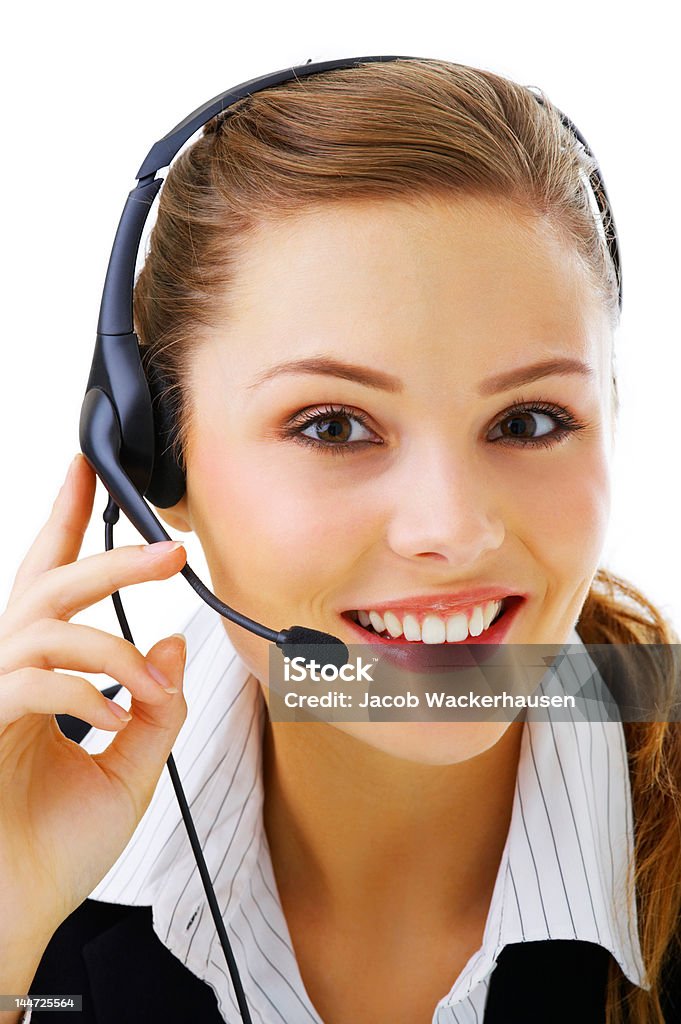 Mujer Representante de Servicio al cliente Sonriendo - Foto de stock de Agente de servicio al cliente libre de derechos