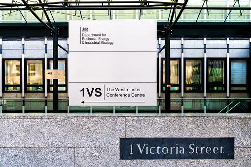 London, United Kingdom - June 22, 2018: City of London Victoria street sign for government department for Business, energy and industrial policy