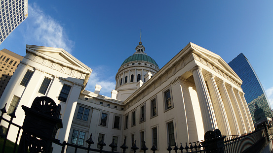 Looking up at the Old Courthouse in St. Louis, Missouri, which was the site of the first two trials of the pivotal Dred Scott case, and is part of Gateway Arch National Park.