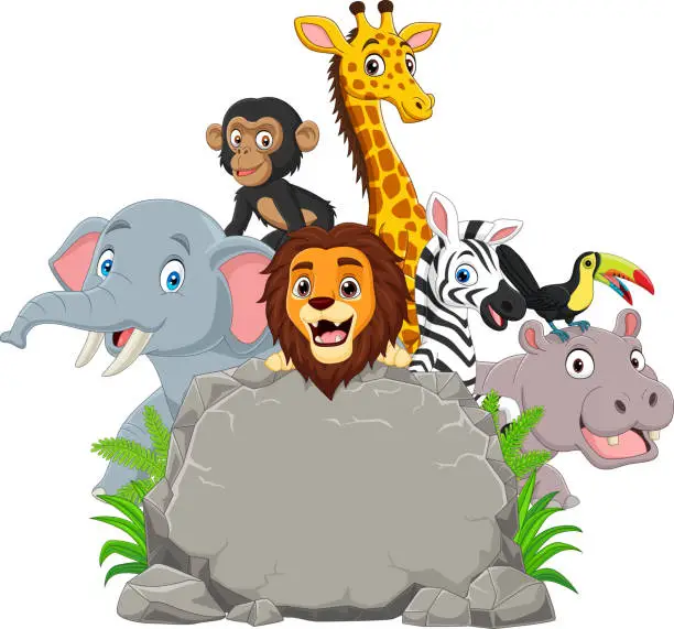 Vector illustration of African animals with blank stone sign