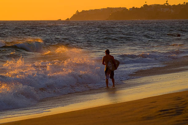 Young Surfer at Sunset stock photo