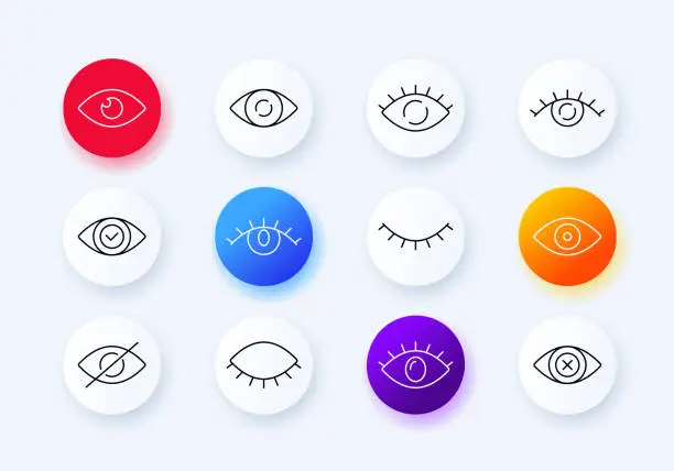 Vector illustration of Human eye set icon. Ophthalmologist, eyesight, closed, tick, sight, checkmark, oculist, crossed out, obscene content, hide, eyelid, eyelashes, pupils, cross, view error, see. Vision concept.