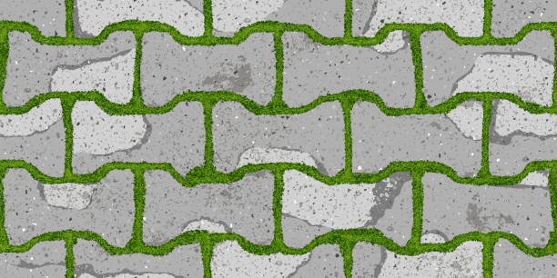 ilustrações de stock, clip art, desenhos animados e ícones de seamless pattern of old pavement with moss and dumble interlocking cracked old bricks - driveway brick paving stone interlocked
