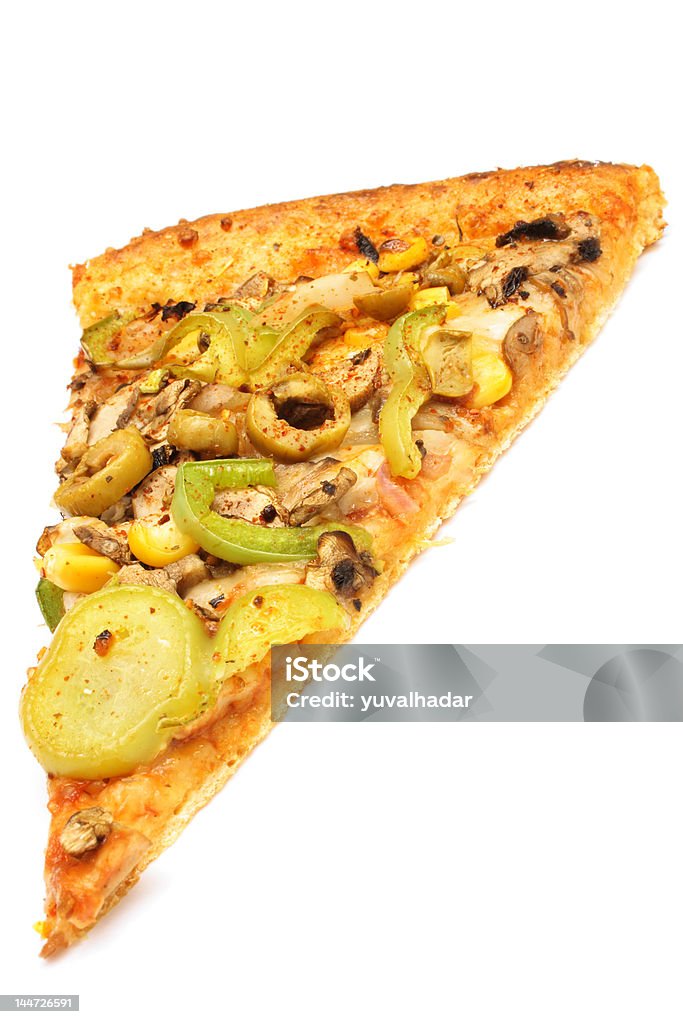 Veggie Pizza Slice Veggie Pizza: Onion, Corn, Mushrooms, Green Bell Pepper and Green Olives. Slice of Food Stock Photo