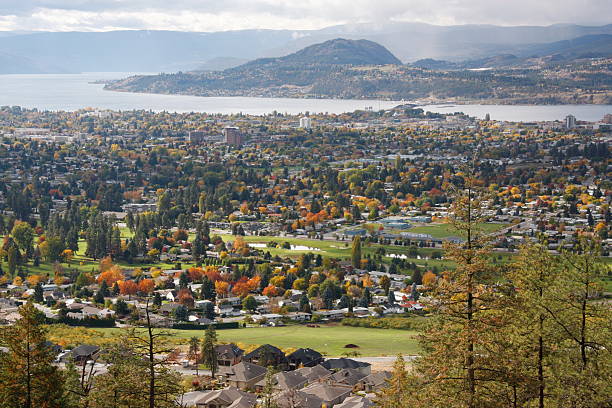 Kelowna, BC Aerial view of Kelowna, British Columbia, looking toward downtown. Photo taken in the autumn kelowna-autumn stock pictures, royalty-free photos & images