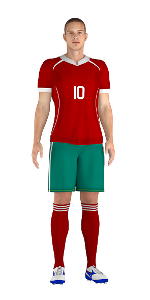 3D illustrations of two soccer players from different teams. One with predominantly blue uniform and the other white. Isolated on white background.