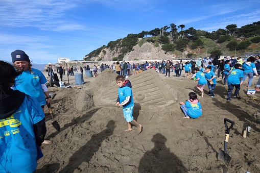 10-15-2022:San Francisco, California: SandKastle tournament in San Francisco. People making sand scultpures on ocean beach