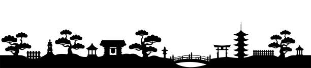 illustrations, cliparts, dessins animés et icônes de panorama japonais paysage silhouette vector illustration vectorielle - edo period