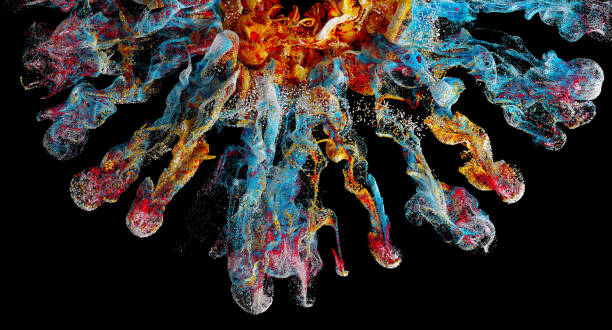 istock 3d render of abstract art with part of surreal splash alien star explosion based on small balls spheres sand dust particles in blue yellow red and white mix color on isolated black background 1447284061