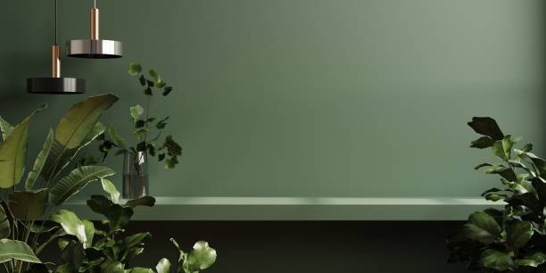 istock Wall mockup with green plant,Green wall and shelf. 1447284953
