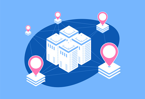DN Content delivery network - geographically distributed network of proxy servers, data centers and interconnected servers. Vector illustration
