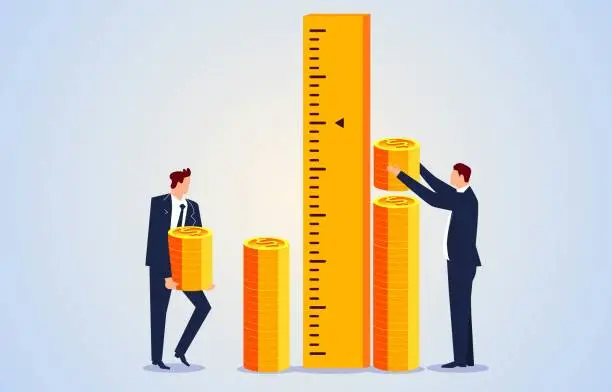 Vector illustration of Employee or business development performance and metrics, performance development comparison and competition, improving or growing one's business, merchants carrying gold coins to a ruler and measuring the height of the gold pil