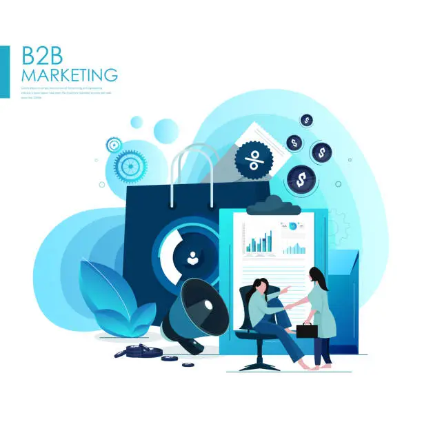 Vector illustration of B2B Digital Marketing, Public Relations and Affairs, Communication. Pr Agency Tiny Characters Team Work with Huge Megaphone