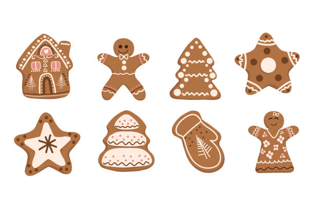 Holiday gingerbread cookies set. Vector gingerbread man, Christmas fir tree, house, star, glove, sock Holiday gingerbread cookies set. Vector gingerbread man, Christmas fir tree, house, star, glove, sock. New year and Christmas decoration. flat style gingerbread man cookie cutter stock illustrations