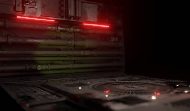 istock Lighting and pipe metal control room sci-fi interior scene 1447295710