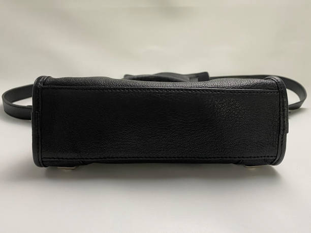 istock Bottom view of women's black leather bag on white background. 1447295906