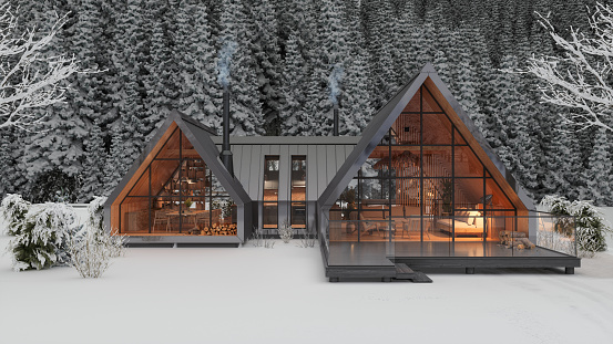 Modern Chalet In Winter With Snow Covered Trees On Background