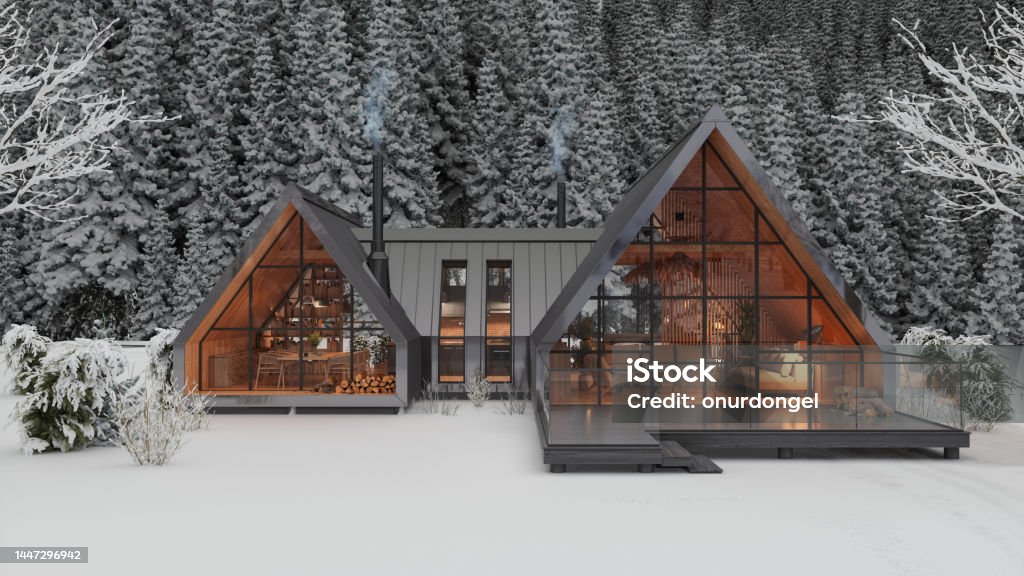 Modern Chalet In Winter With Snow Covered Trees On Background Luxury Stock Photo