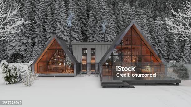 Modern Chalet In Winter With Snow Covered Trees On Background Stock Photo - Download Image Now