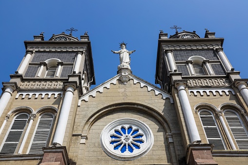 A low angle of the mesmerizing architecture of Saint Joseph's cathedral, catholic church in Wuhu, China
