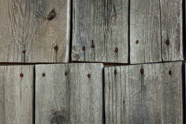 A grunge dark wood background with rusty nails