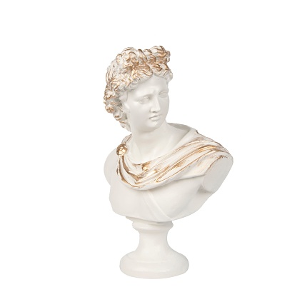 A plaster cast depicting the bust of the Greek goddess Hygeia, who was the patroness of pharmacy. Woman statue. from side view, 3d Rendering, single object