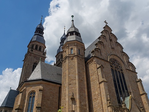 A low angle of Church of Saint Joseph in Speyer with blue cloudy sky