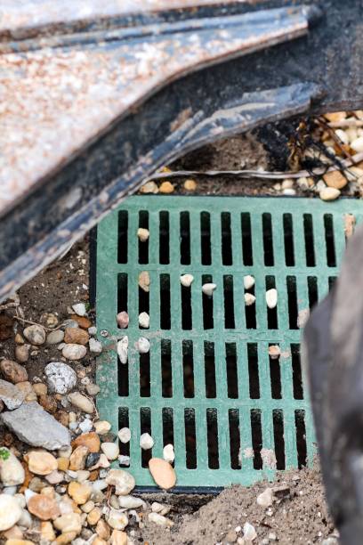 istock Vertical shot of a green rectangular metal grid cover of the drainage system 1447309146