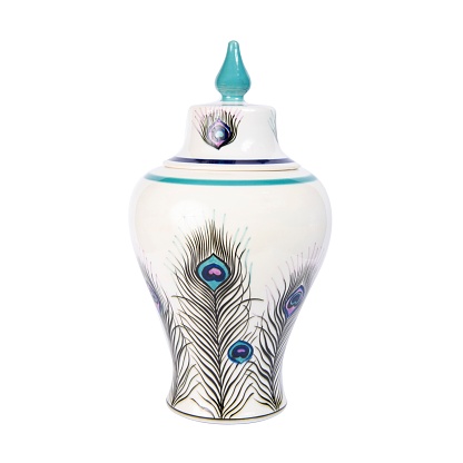 A closeup shot of a white decorative ceramics vase with peacock tail patterns on it