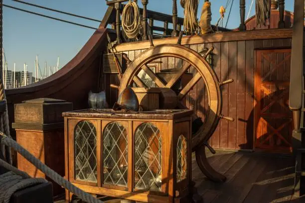 A view of the details of the Spanish Galleon replica wooden ship