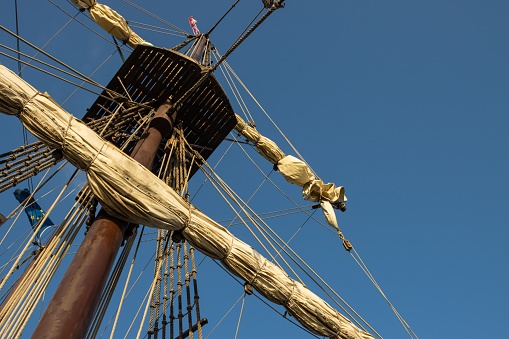 Barcelon, Spain – November 11, 2022: A view of the details of the Spanish Galleon replica wooden ship