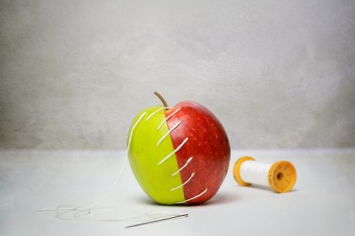 Green half and red half of apple stitched together with a needle and thread.