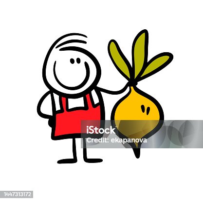 istock Funny little farmer holds with proud a big vegetable in hand. 1447313172