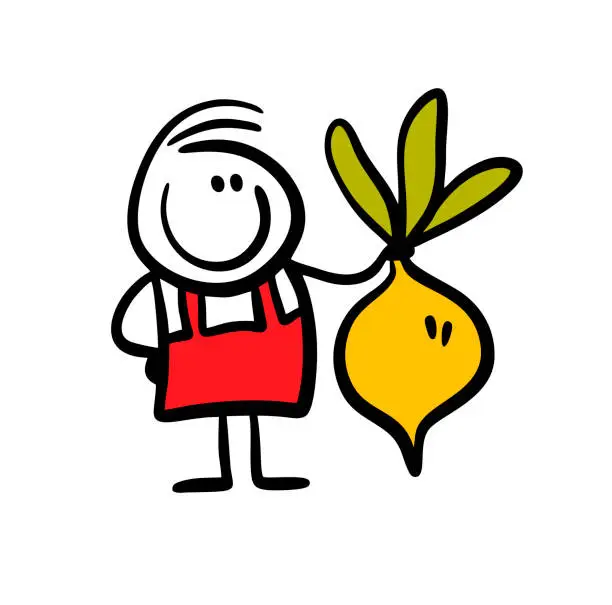 Vector illustration of Funny little farmer holds with proud a big vegetable in hand.