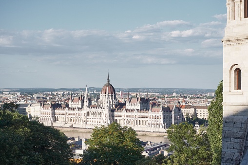 An aerial view of Hungarian Parliament Building on blue cloudy sky background