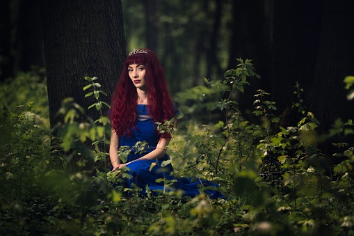 A portrait of a Caucasian woman in a blue dress posing in a forest