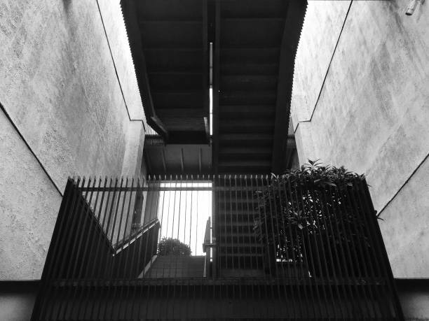istock Beautiful shot of stairs with metallic railings in grayscale 1447316607