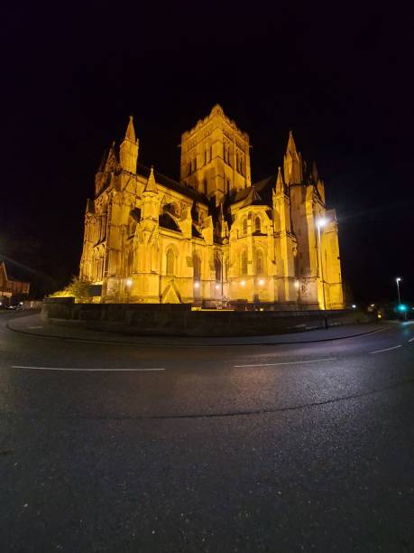 Low angle shot of a catholic cathedral church with bright lights