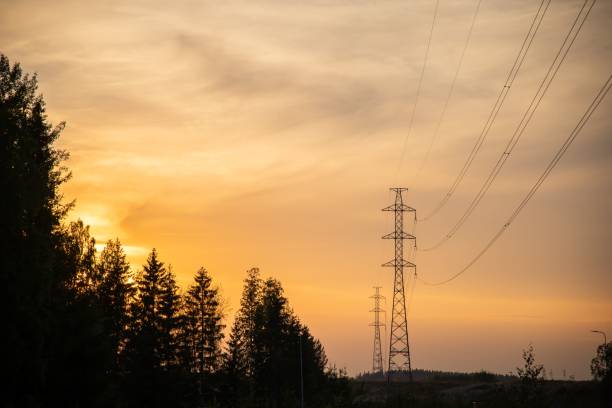 istock Low angle shot of an electric post and wire with a sunset background 1447321496