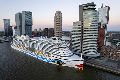 Rotterdam, Netherlands – July 13, 2022: The Cruiseship Aida at the cruise terminal of Rotterdam