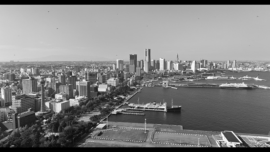 Navy ship in the port, background with copy space, full frame horizontal composition