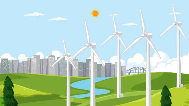 Vector illustration of Thumbnail design with wind turbine landscape
