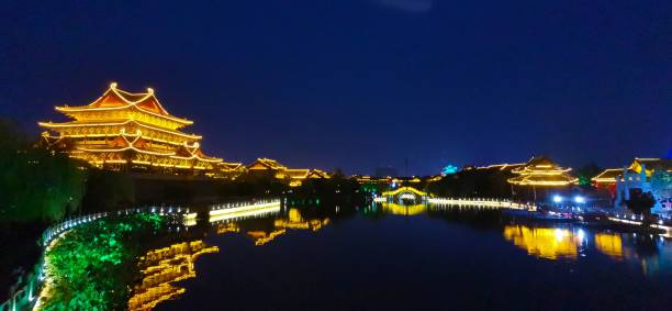 istock Beautiful panoramic view of Tang Paradise (Xian, China) at night 1447327562
